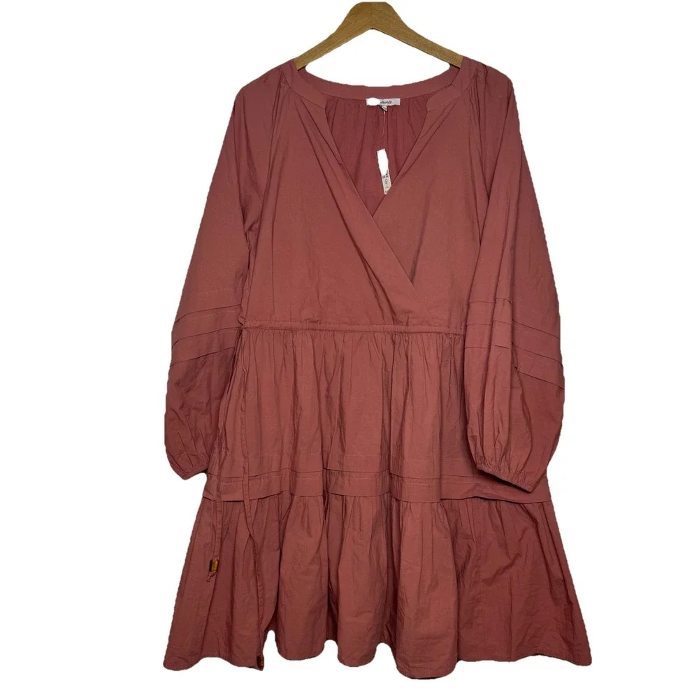 Madewell Large Cotton Poplin Tiered Mini Dress Mauve Boho Cottagecore $128 NWT - Picture 2 of 11